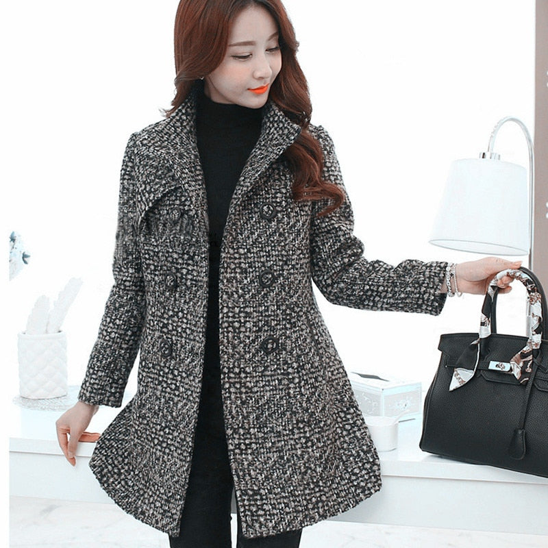 Abrigo de lana para mujer, moda otoño invierno, cuello alto a cuadros, ajustado, largo