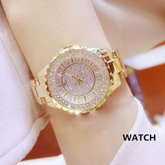 Reloj de pulsera de acero inoxidable para mujer, accesorio de oro con diamantes de cristal, plateado