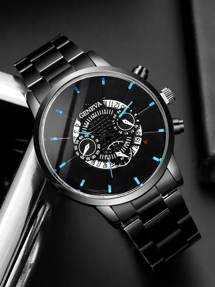 Reloj de pulsera de cuero sintético, con correa de acero negra, moda formal 2 piezas