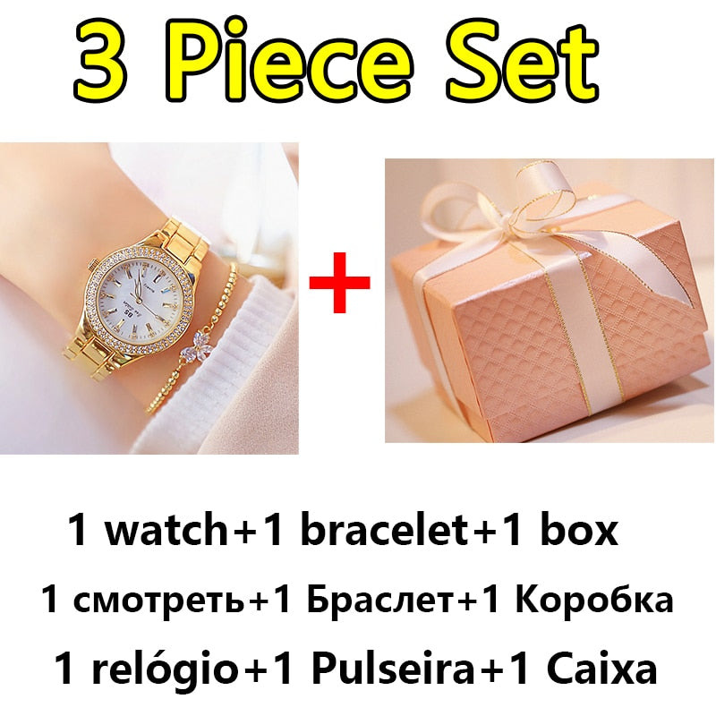 Reloj de pulsera de acero inoxidable para mujer, accesorio de oro con diamantes de cristal, plateado