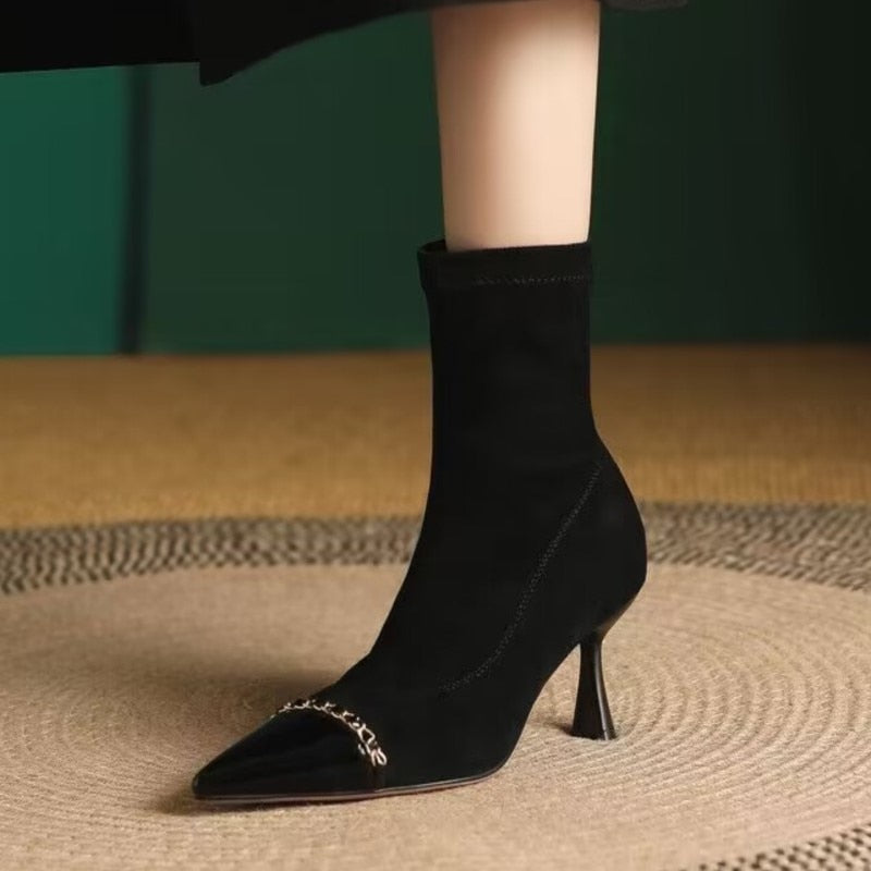 Botines de punta estrecha para mujer, zapatos de tacón alto con cadena, elásticos, finos, elegantes