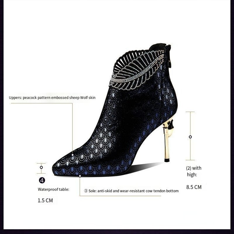 Botas de cuero con estampado de pavo real para mujer, tacones altos en relieve, Stilettos de punta estrecha elegantes, zapatos de fiesta de banquete, otoño