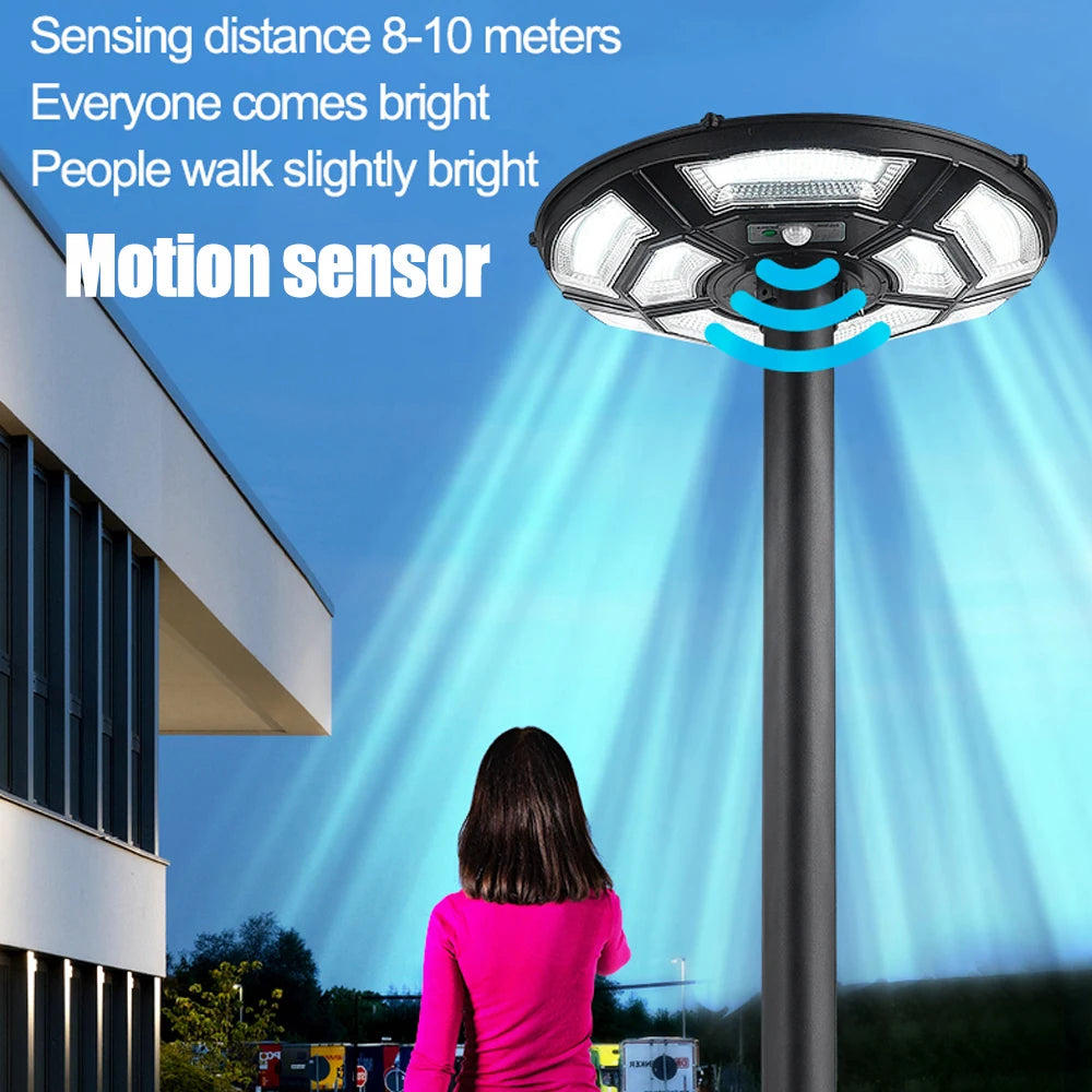 Foco Solar para exteriores, impermeable 6500K, con sensor de movimiento y control de remoto, para estacionamientos y patios.