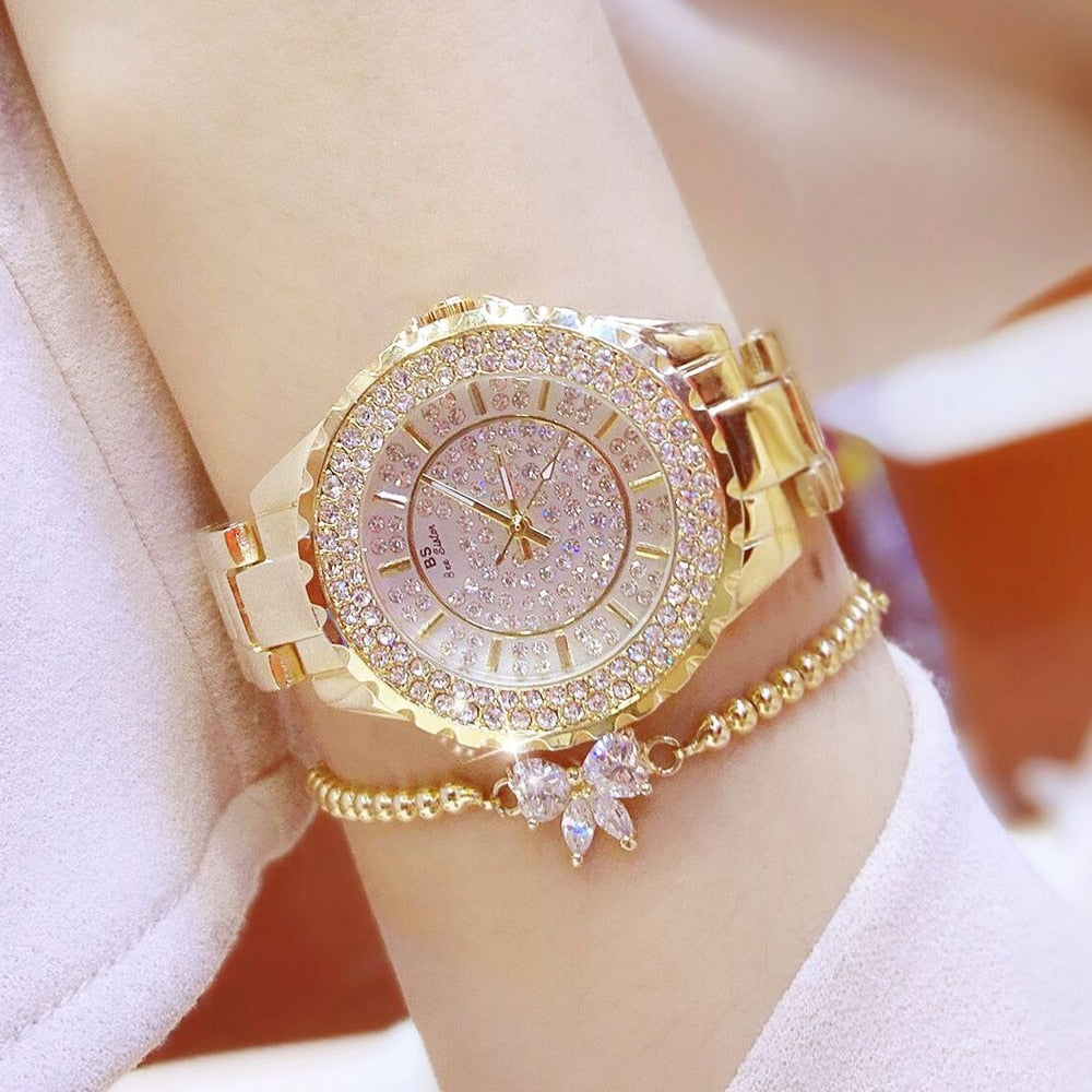Reloj de pulsera de acero inoxidable para mujer, accesorio de oro con diamantes de cristal, plateado