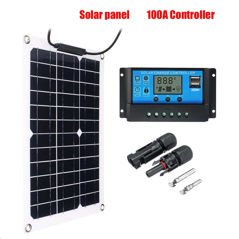 Panel solar flexible de 20W a 300W, cargador de bateria de 12V, doble USB con controlador de 10A a 100A, para celulares, automoviles, lamparas, etc.