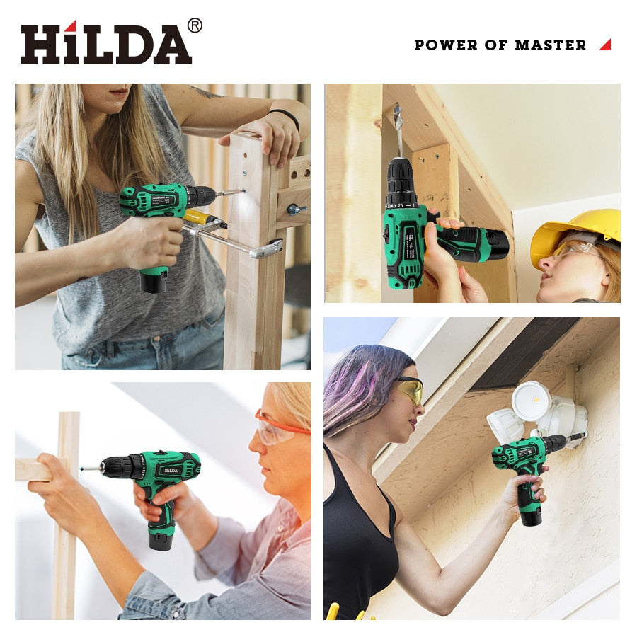 HILDA-taladro eléctrico inalámbrico, destornillador con batería de litio, herramientas eléctricas