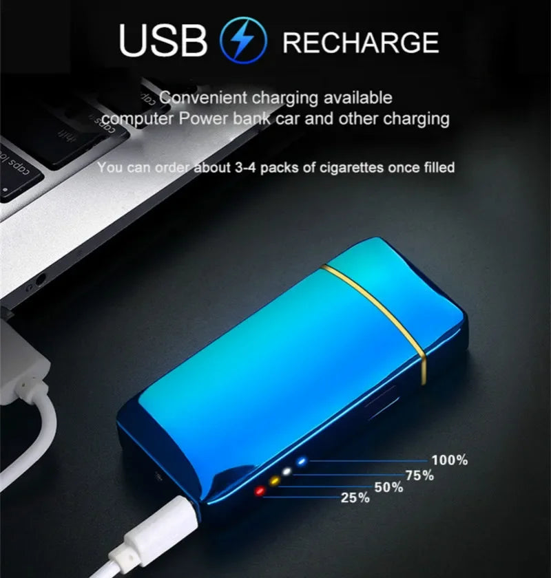Encendedor eléctrico de metal resistente al viento, de doble arco, sin llama, de plasma, recargable por USB, con sensor táctil y pantalla LED
