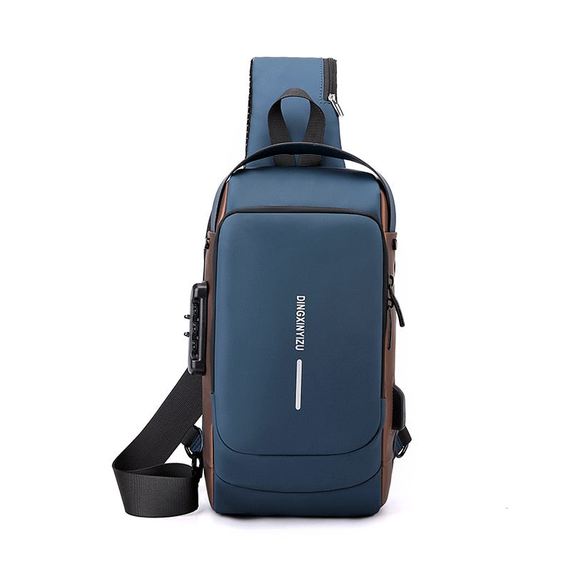 Bolso de pecho para hombre, bandolera impermeable con puerto USB, antirrobo, de viaje, diseño lujoso y moderno.