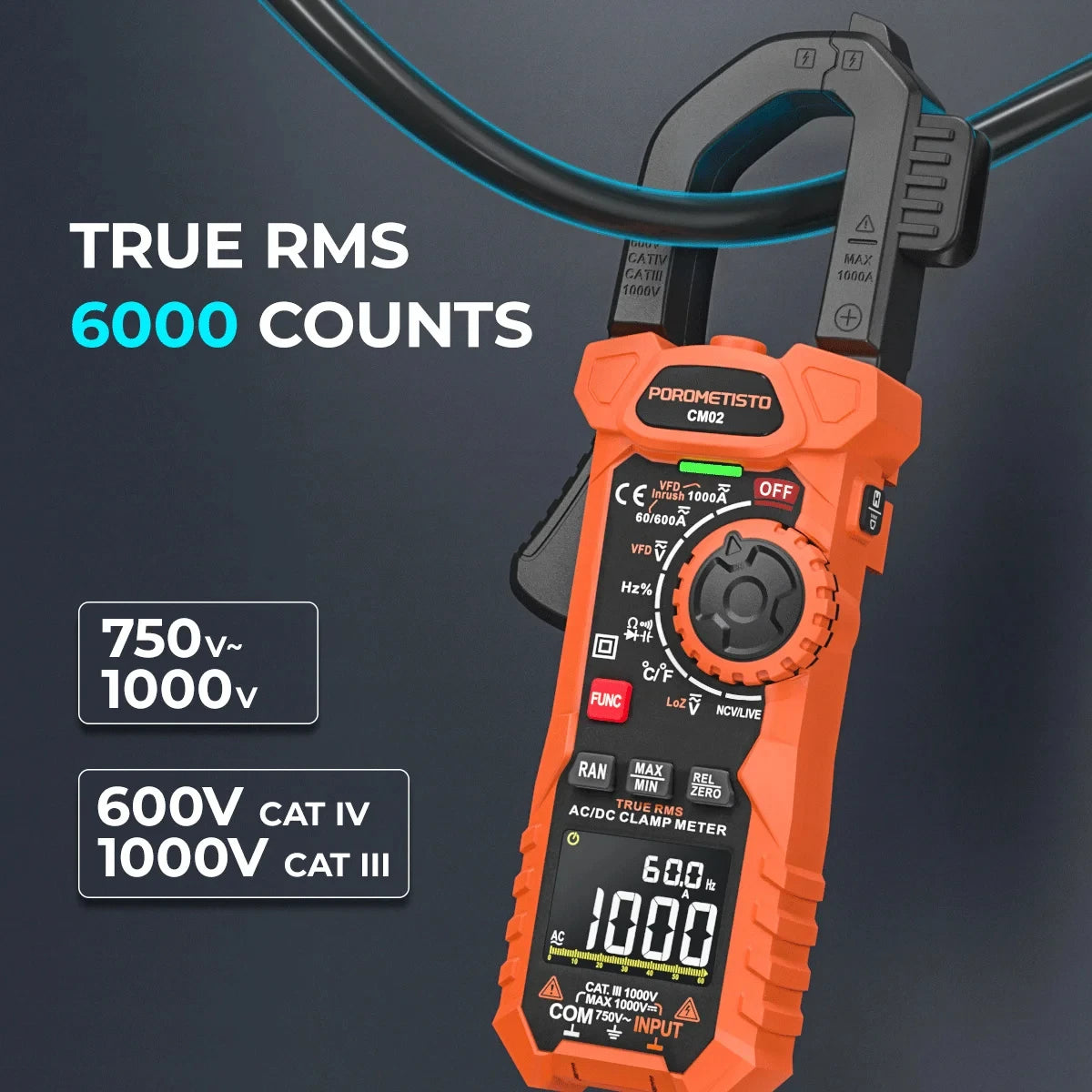 Pinza Amperimétrica digital CMO2 Pro, 1000A, 1000V CA, CC, alicates, amperímetro, voltímetro VFD, REL, comprobador de condensadores y OHMs