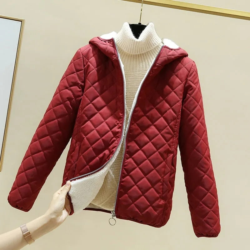 Chaqueta para mujer, moda invierno, de algodón, polar, acolchada, gruesa con capucha