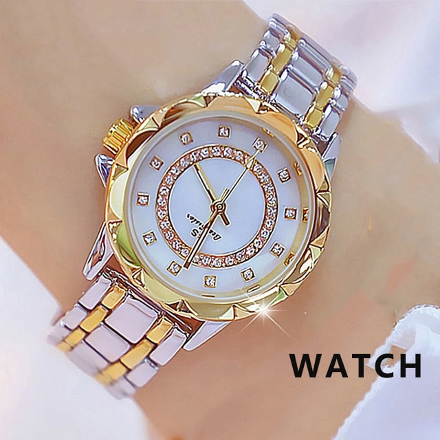 Reloj de pulsera de acero inoxidable para mujer, accesorio de oro con diamantes de cristal, plateado
