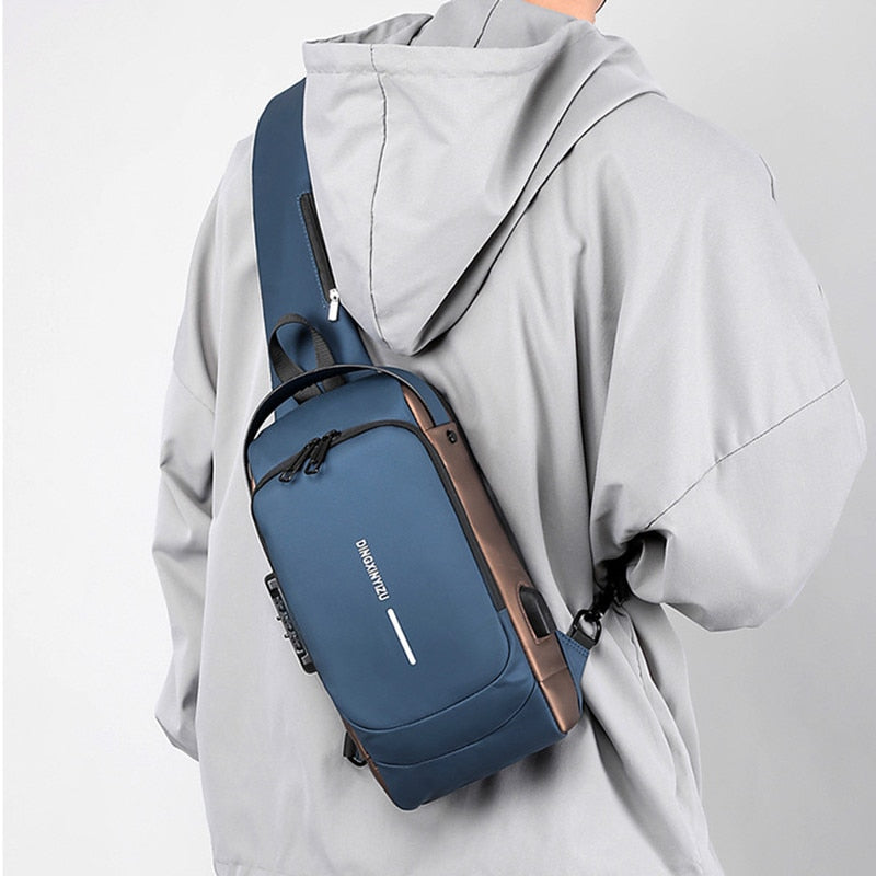Bolso de pecho para hombre, bandolera impermeable con puerto USB, antirrobo, de viaje, diseño lujoso y moderno.