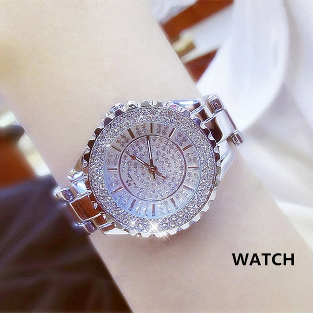 Reloj de pulsera de acero inoxidable para mujer, accesorio de oro con diamantes de cristal, plateado