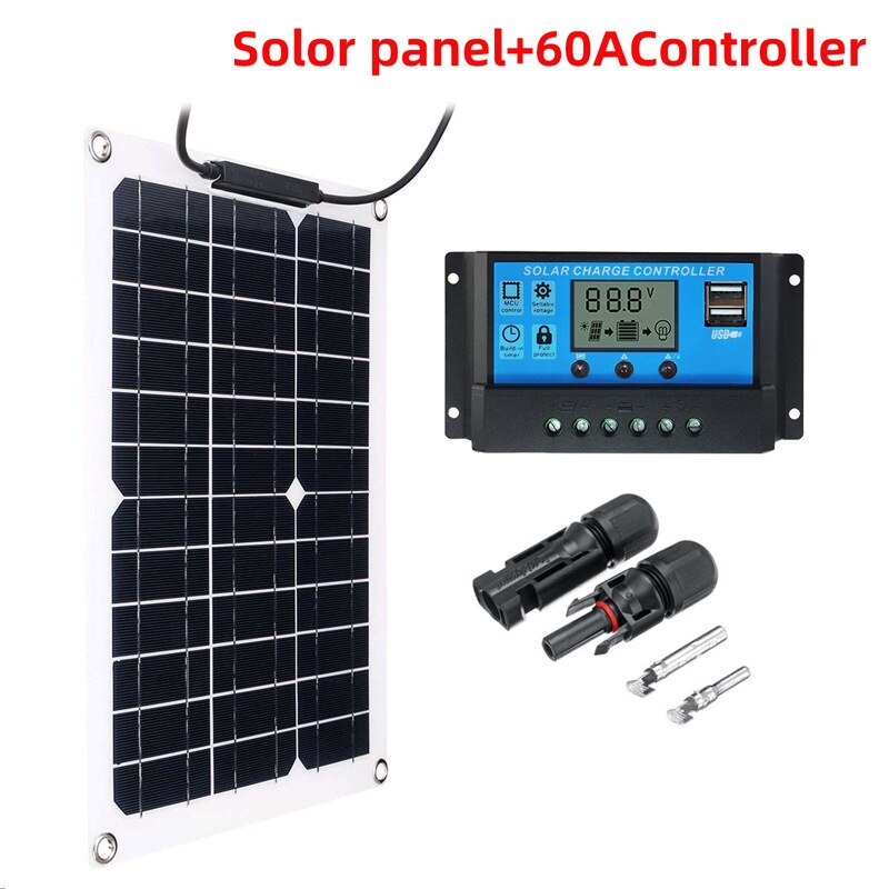 Panel solar flexible de 20W a 300W, cargador de bateria de 12V, doble USB con controlador de 10A a 100A, para celulares, automoviles, lamparas, etc.