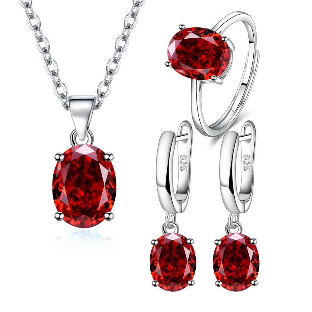 Conjuntos de joyas de plata de ley 925 para mujer, anillo de circón Elipse, collar, pendientes, accesorios de lujo