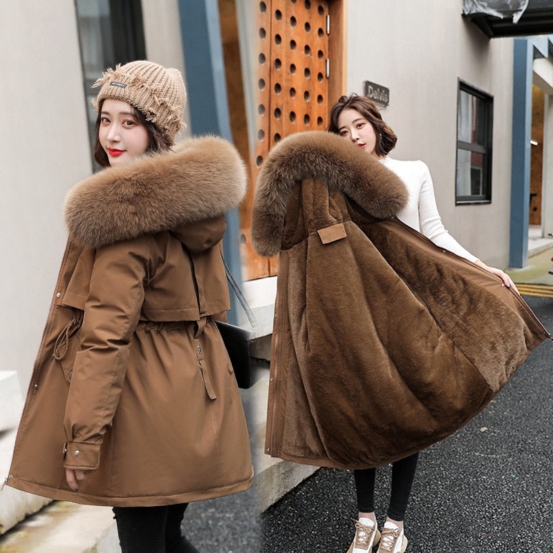 Abrigo largo con forro de lana con capucha, chaqueta de invierno ajustada al cuello, acolchada