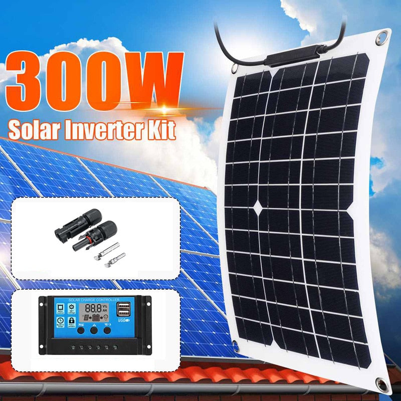 Panel solar flexible de 20W a 300W, cargador de bateria de 12V, doble USB con controlador de 10A a 100A, para celulares, automoviles, lamparas, etc.
