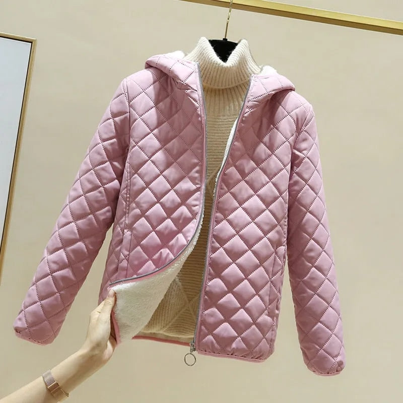 Chaqueta para mujer, moda invierno, de algodón, polar, acolchada, gruesa con capucha