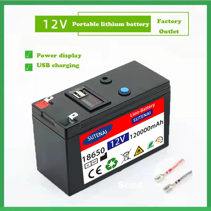 Bateria de 12V, 120Ah 18650 lithium Recargable para energia solar +12.6v3A charger