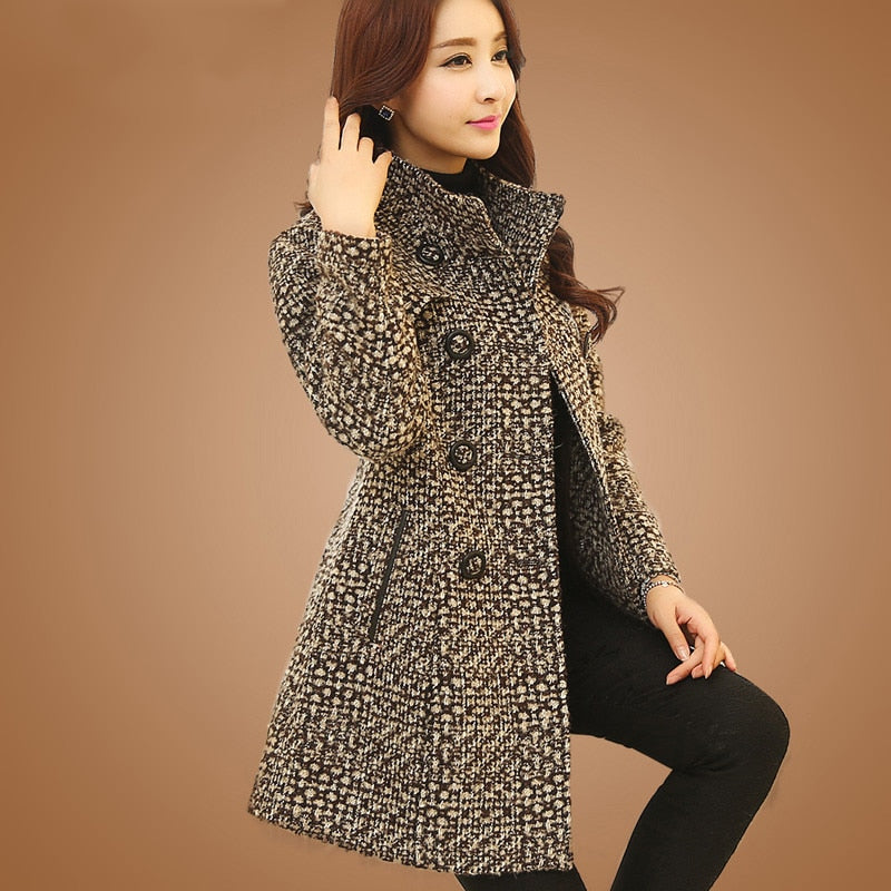 Abrigo de lana para mujer, moda otoño invierno, cuello alto a cuadros, ajustado, largo