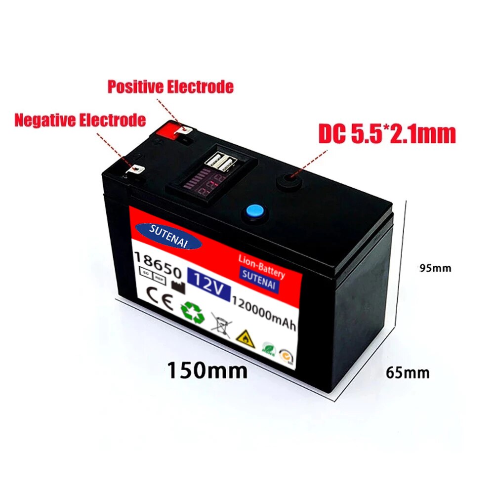 Bateria de 12V, 120Ah 18650 lithium Recargable para energia solar +12.6v3A charger
