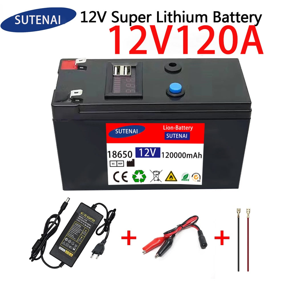 Bateria de 12V, 120Ah 18650 lithium Recargable para energia solar +12.6v3A charger
