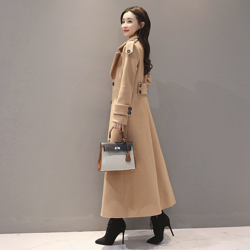 Women's Long Woolen Coat Spring Autumn New Korean Waist  Slimming Over-Knee Thick Keep Warm Woolen Coat Lady Overcoat W2