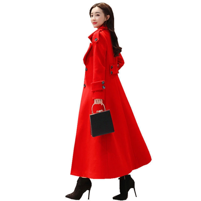 Women's Long Woolen Coat Spring Autumn New Korean Waist  Slimming Over-Knee Thick Keep Warm Woolen Coat Lady Overcoat W2