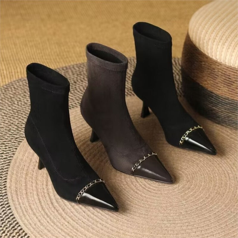 Botines de punta estrecha para mujer, zapatos de tacón alto con cadena, elásticos, finos, elegantes