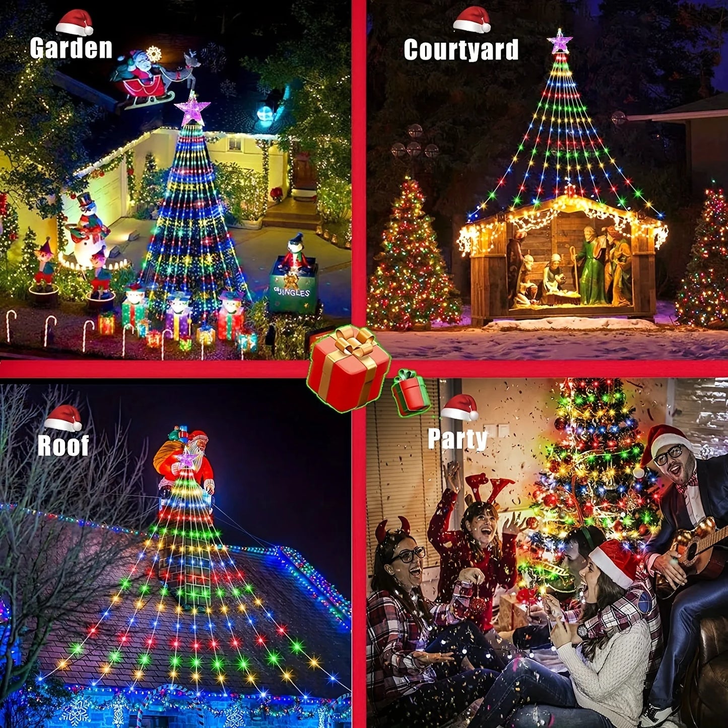 Cadena de luces solares para exteriores, 280 luces LED en forma de estrella, 9.8 pies, luces de árbol en cascada, impermeable para decoración exterior