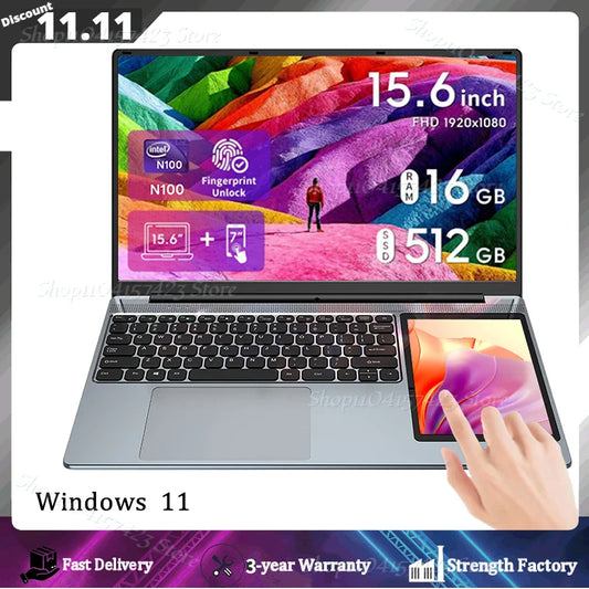 Computadora portátil doble pantalla de 15.6" y pantalla táctil de 7", con 16 GB memoria DDR4 y 2 TB de SSD, intel N100 con Windows 11