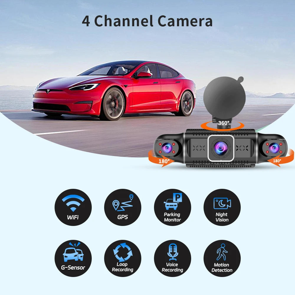 Cámara WiFi GPS, para coche vision 360 grados, 4 lentes, incluye cámara trasera, control por aplicacion, sensor de proximidad, grabadora de video HD1080P