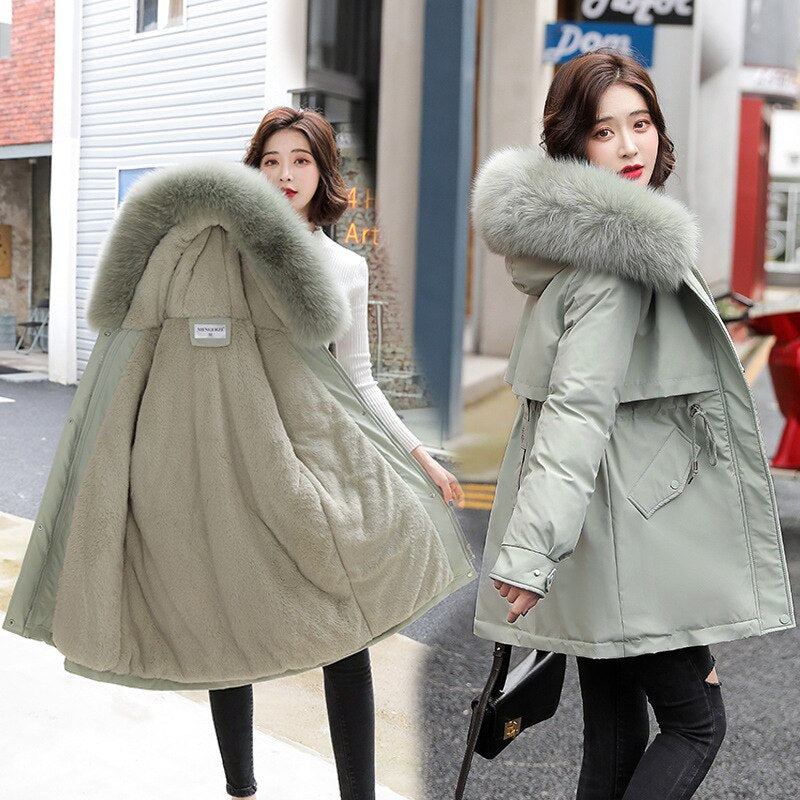 Women Parka Fashion Long Coat Wool Liner Hooded Parkas New Winter Jacket Slim with Fur Collar Warm Snow Wear Padded Clothes