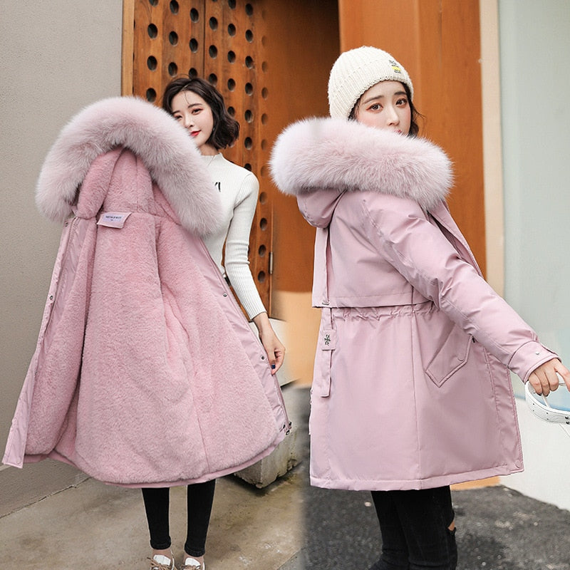 Women Parka Fashion Long Coat Wool Liner Hooded Parkas New Winter Jacket Slim with Fur Collar Warm Snow Wear Padded Clothes