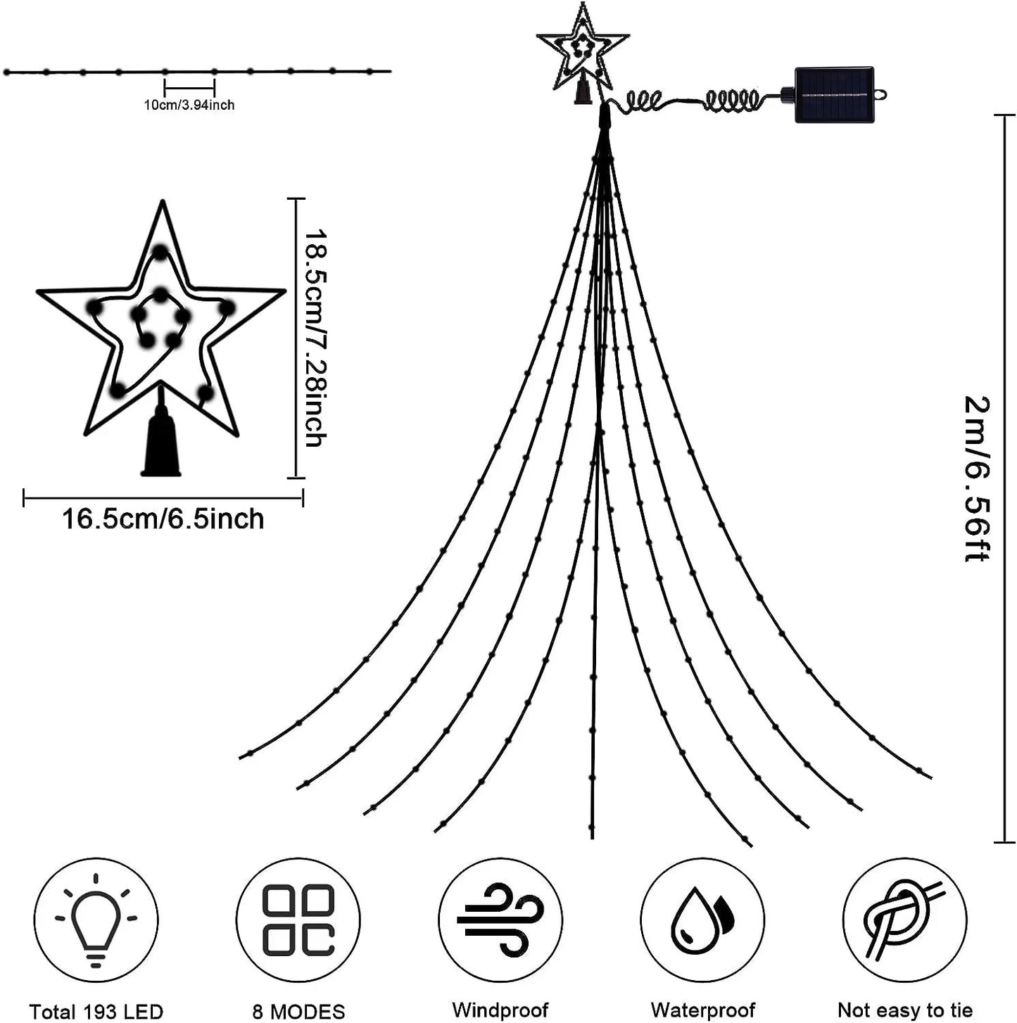 Cadena de luces solares para exteriores, 280 luces LED en forma de estrella, 9.8 pies, luces de árbol en cascada, impermeable para decoración exterior