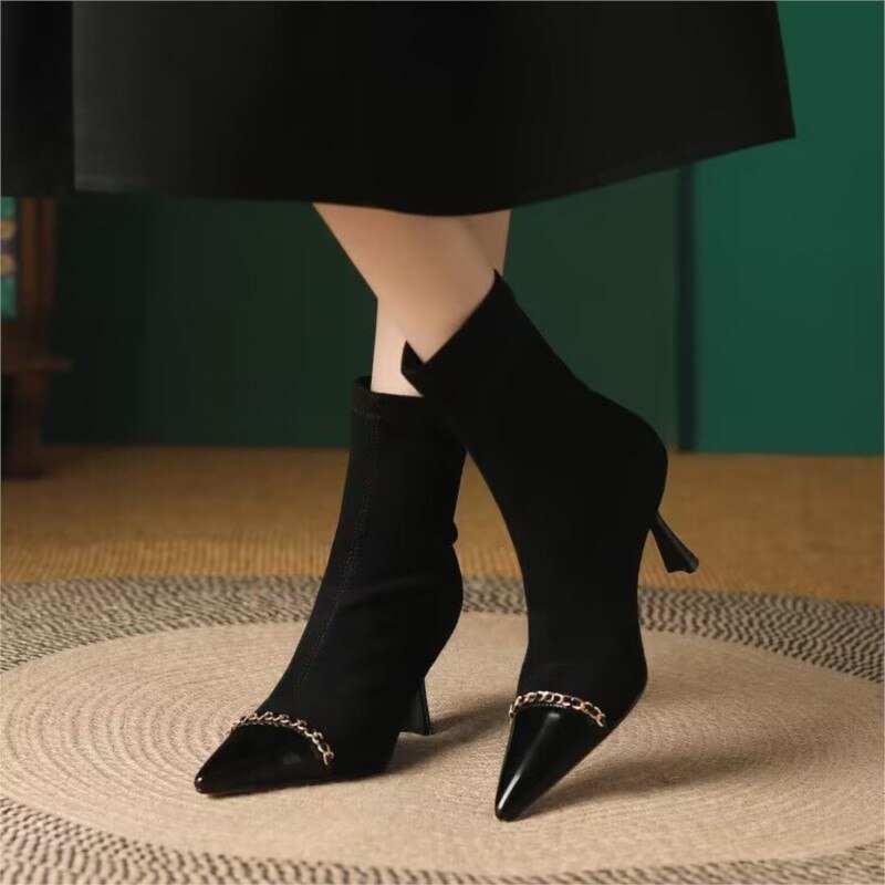 Botines de punta estrecha para mujer, zapatos de tacón alto con cadena, elásticos, finos, elegantes