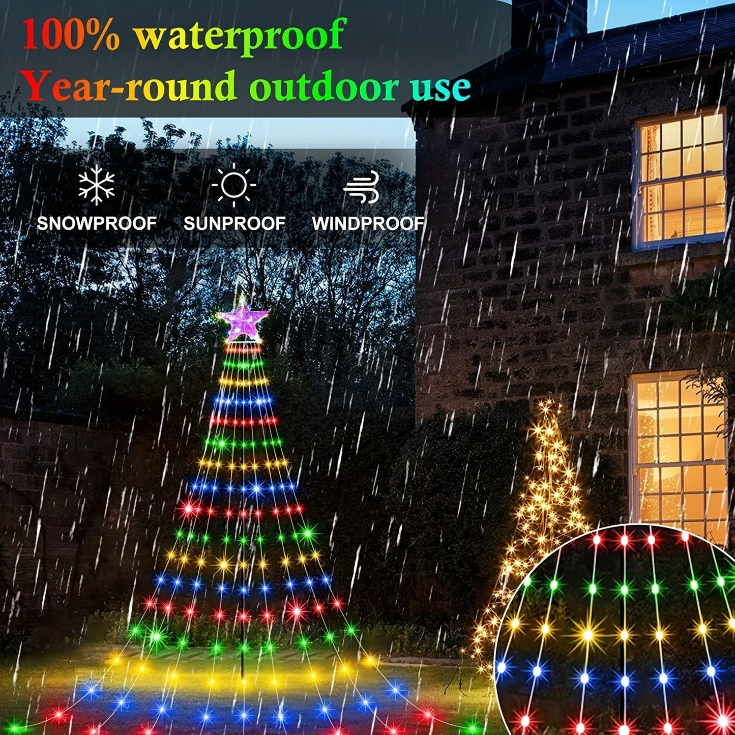 Cadena de luces solares para exteriores, 280 luces LED en forma de estrella, 9.8 pies, luces de árbol en cascada, impermeable para decoración exterior