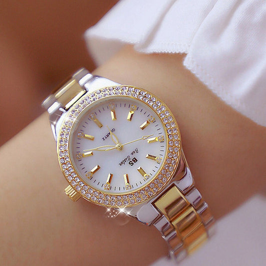 Reloj de pulsera de acero inoxidable para mujer, accesorio de oro con diamantes de cristal, plateado